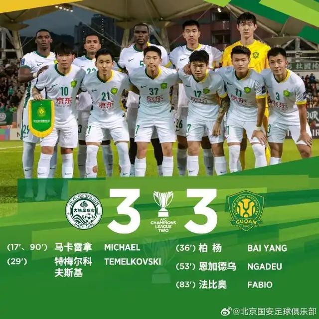 亚冠二级联赛：国安客场3-3战平香港大埔，出线形势堪忧