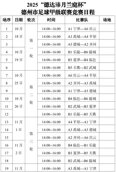 2025德州市足球甲级联赛开球时间及赛程调整公告