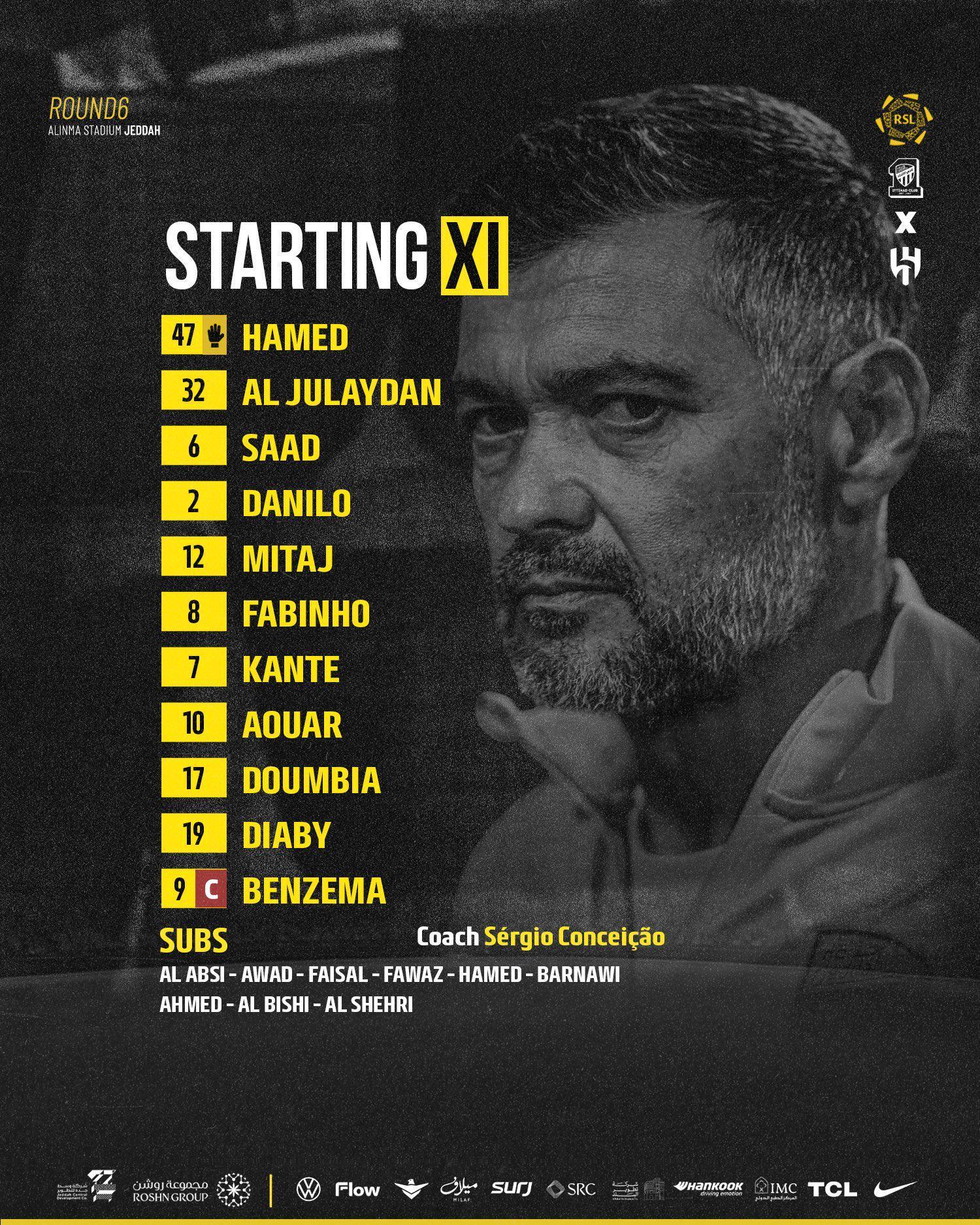 沙特联第6轮：吉达联合vs利雅得新月首发名单揭晓，本泽马对决努涅斯