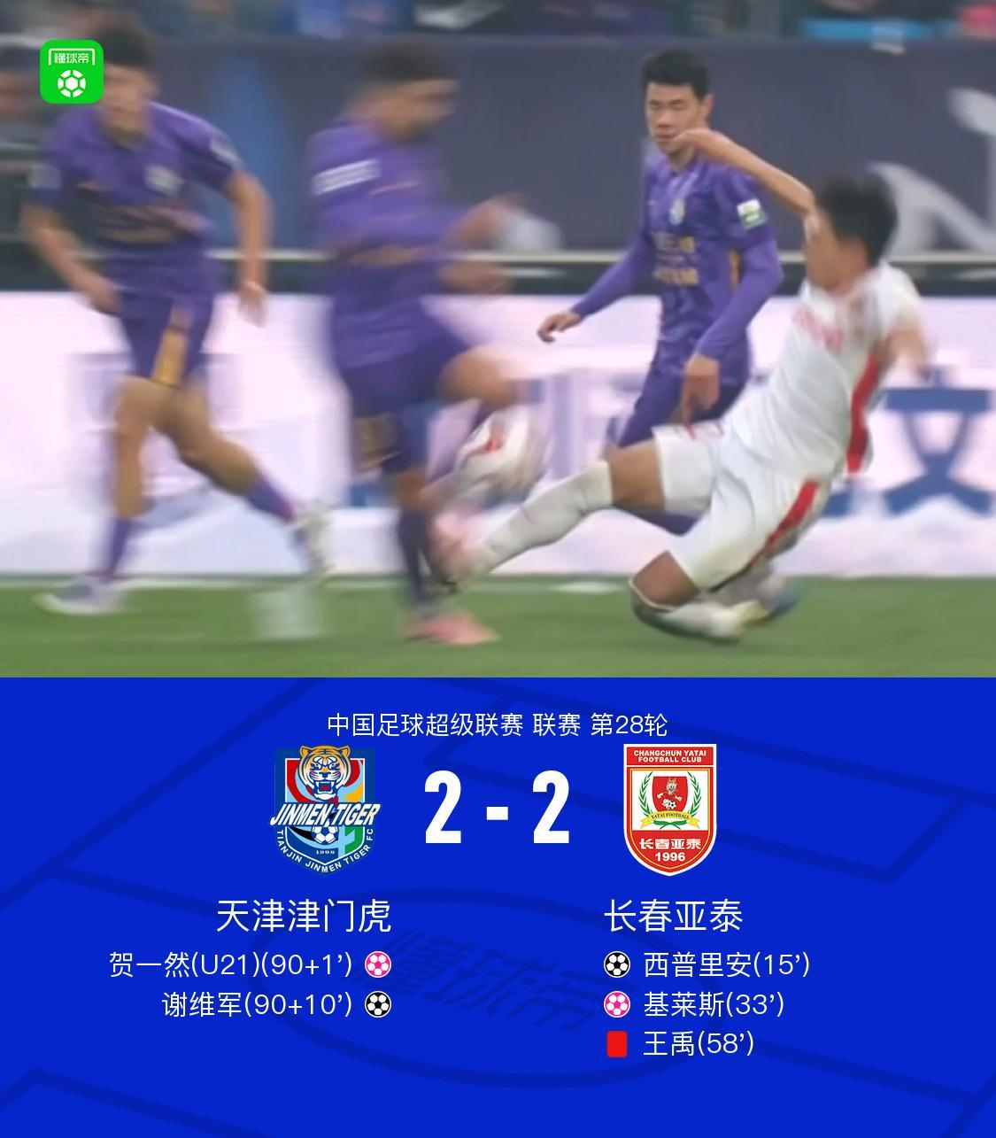 中超津门虎2-2绝平十人亚泰：谢维军补时建功，王禹红牌离场