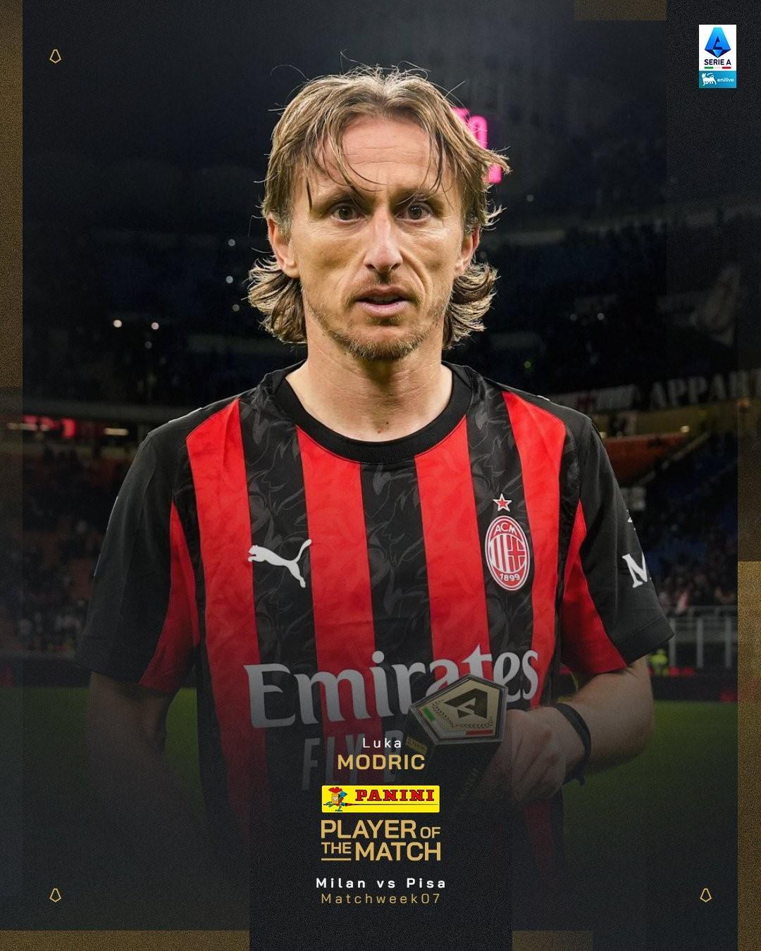 意甲第8轮：莫德里奇绝平助攻，荣膺米兰vs比萨全场最佳