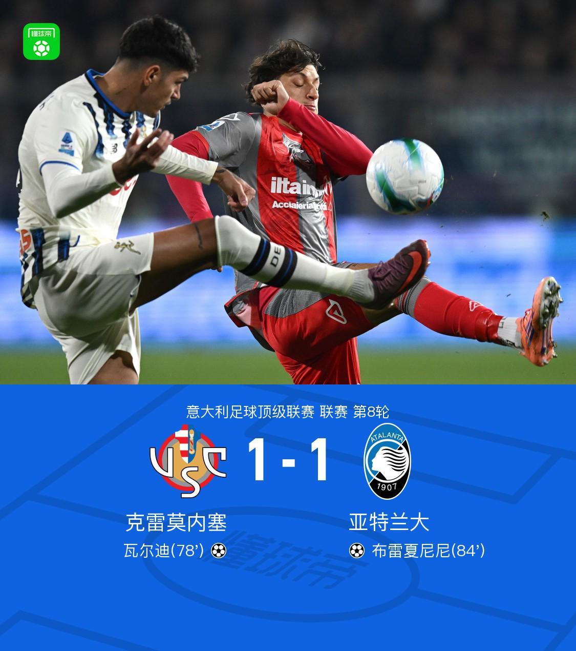 意甲第8轮：克雷莫内塞1-1战平亚特兰大，瓦尔迪布雷夏尼尼建功
