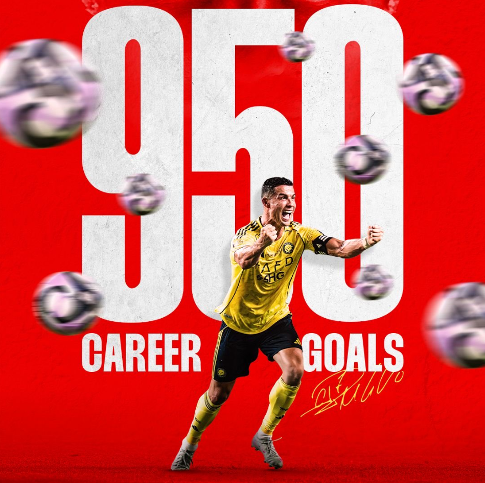 C罗职业生涯第950球里程碑达成，千球目标仅差50球