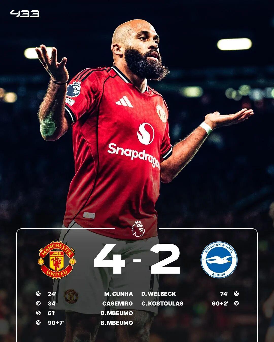 曼联3连胜登顶英超第4 夏窗新援集体闪耀成关键