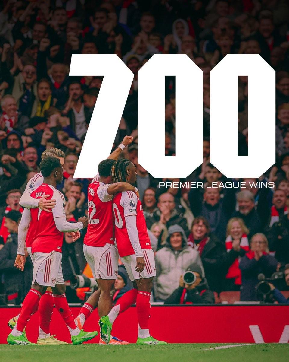 阿森纳达成英超700胜里程碑，曼联后第二支达成球队