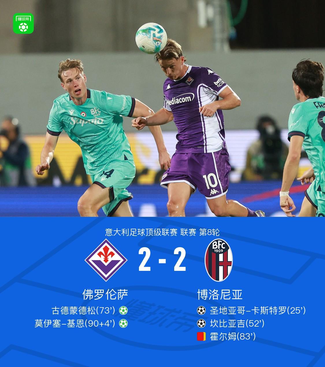 意甲焦点战：紫百合2-2绝平十人博洛尼亚，古德蒙德松、小基恩建功