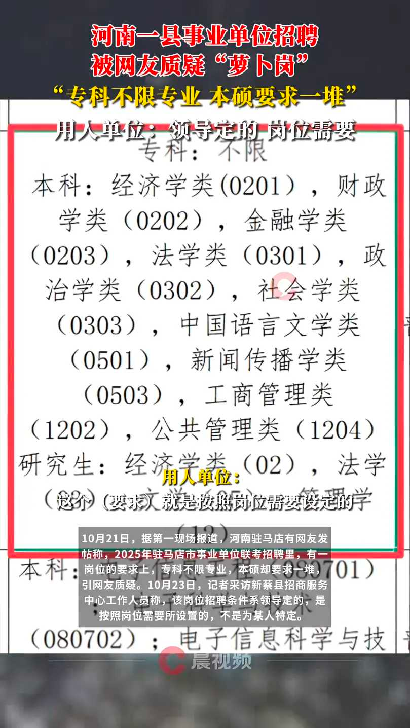 河南新蔡事业单位招聘争议：专科不限本硕严卡，官方紧急修正