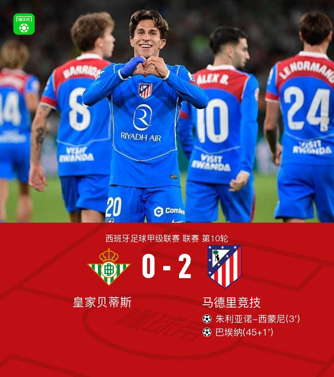 西甲第10轮：马竞客场2-0完胜贝蒂斯，小西蒙尼、巴埃纳建功