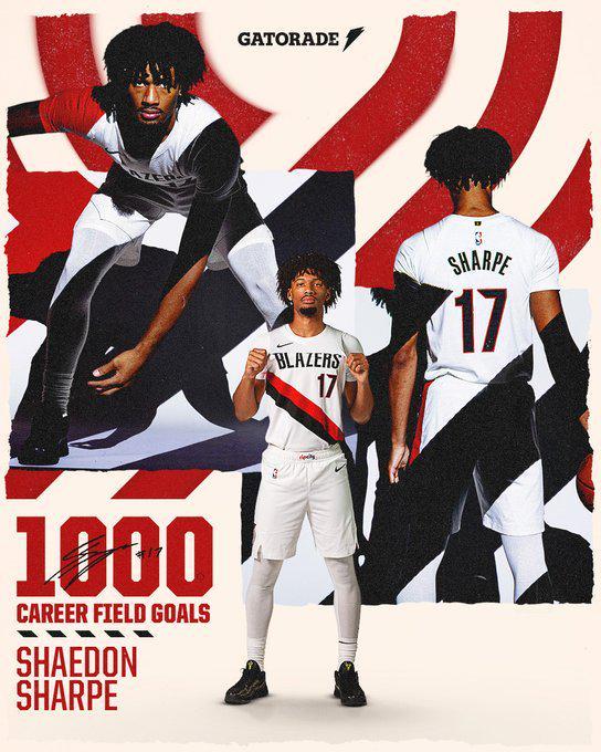 夏普创队史纪录：达成1000个运动战进球，成开拓者最年轻球员