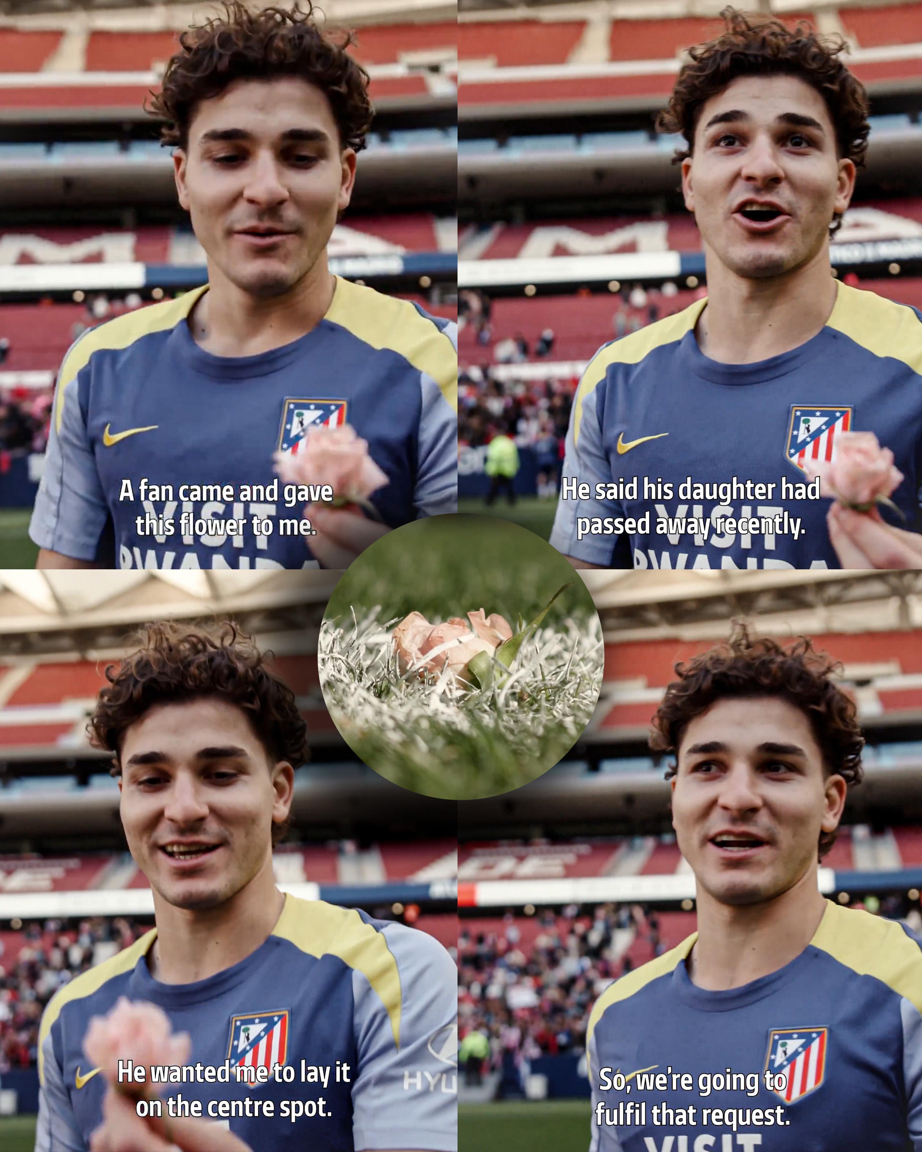 马竞前锋阿尔瓦雷斯公开训练献花，悼念去世球迷女儿