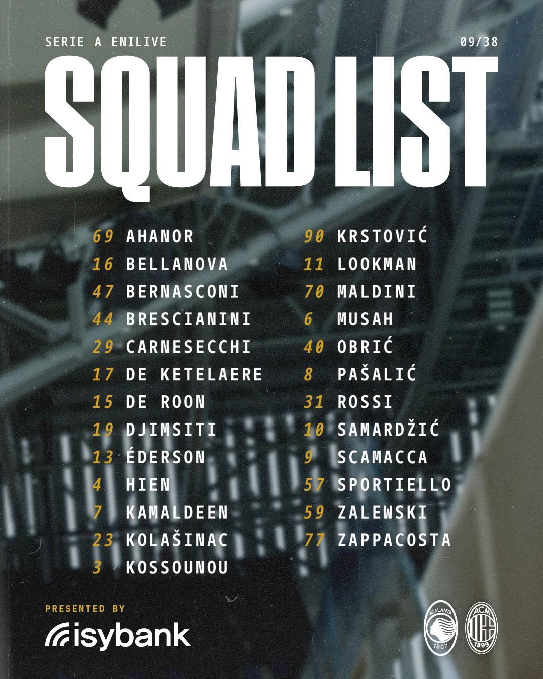 亚特兰大迎战AC米兰大名单公布：CDK、穆萨等红黑旧将入选