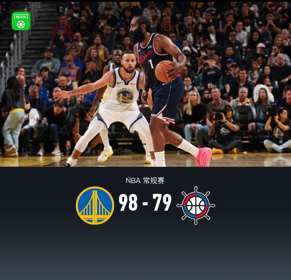 勇士98-79力克快船，库里19+8，哈登下半场哑火仅0分