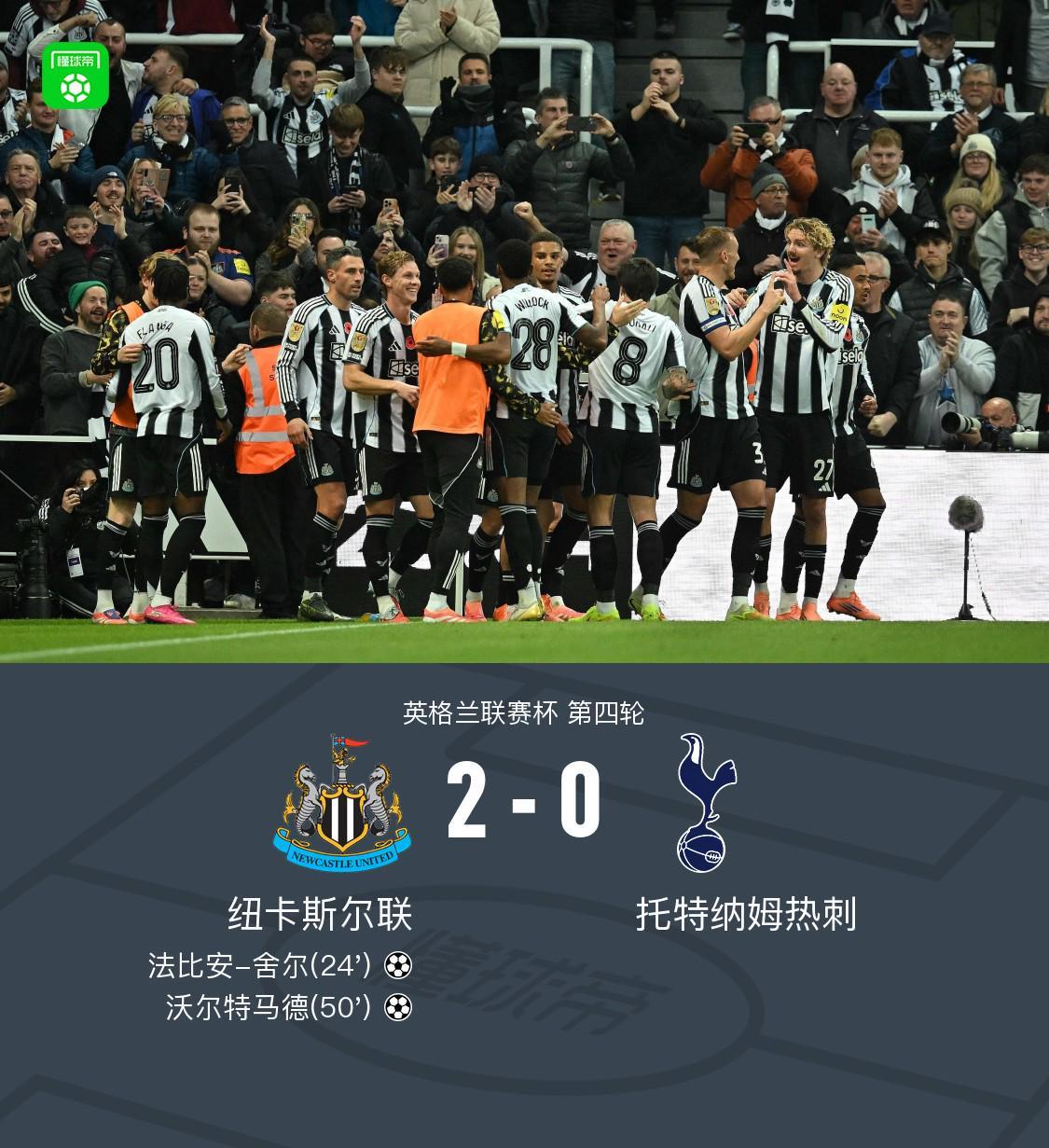 纽卡斯尔联2-0完胜热刺，舍尔、沃尔特马德建功晋级下一轮