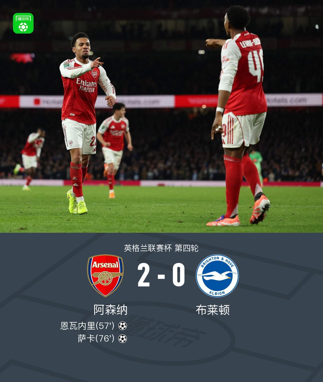 英联杯阿森纳2-0布莱顿晋级 恩瓦内里萨卡建功 斯凯利送助攻