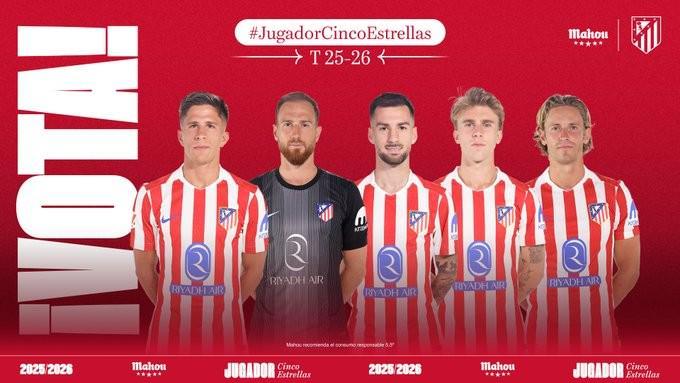 马竞10月最佳球员候选名单揭晓：朱利亚诺、奥布拉克等五人入围