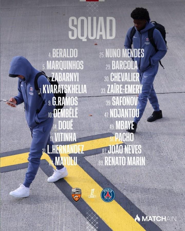 巴黎客战洛里昂阵容揭晓：内维斯复出，阿什拉夫与李刚仁缺席