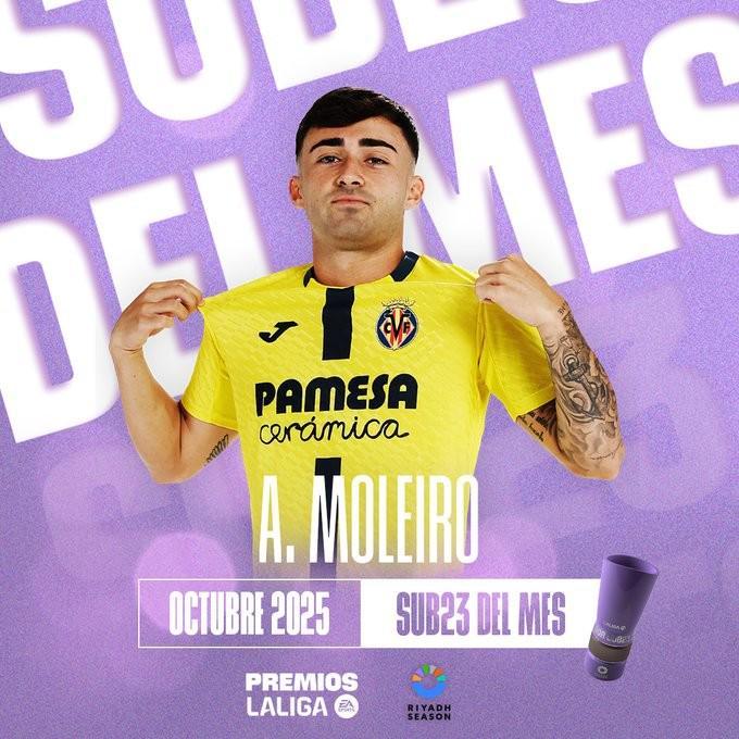 西甲10月最佳U23球员揭晓：比利亚雷亚尔前锋莫莱罗荣膺殊荣