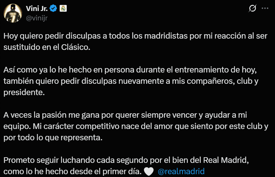 维尼修斯就国家德比换下风波致歉：热情让我失控，向球迷道歉