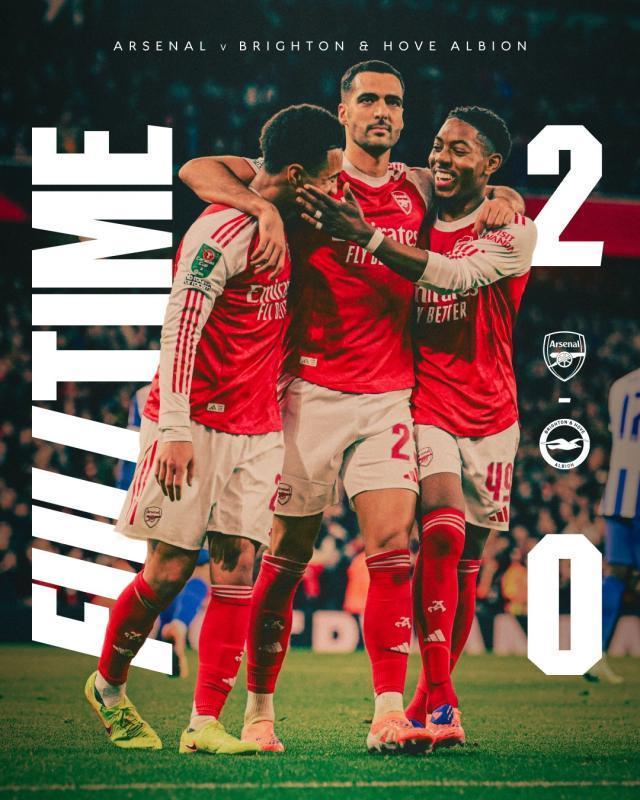 联赛杯：阿森纳2-0布莱顿晋级8强，恩瓦内里、萨卡建功