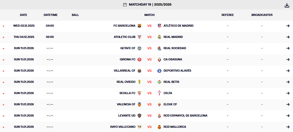 西甲第19轮赛程调整：马竞vs巴萨、毕包vs皇马提前开战