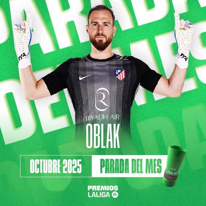 西甲10月最佳扑救揭晓：奥布拉克神勇化解奥萨苏纳近距离威胁