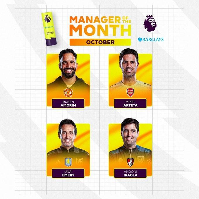 英超10月最佳主帅候选揭晓：阿莫林、阿尔特塔等四人入围