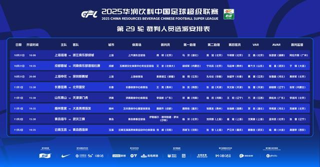 中超29轮裁判安排：傅明主哨海港vs浙江，沙特裁判执哨海牛vs三镇