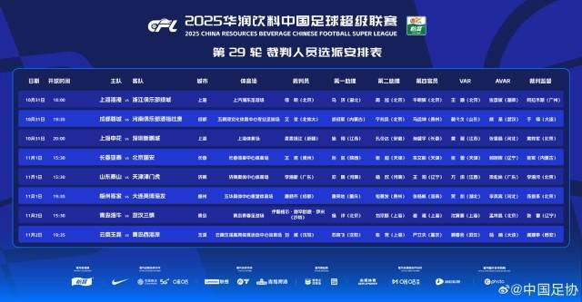 中超第29轮裁判名单揭晓，重点场次执法安排一览