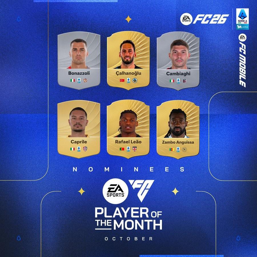 意甲10月最佳球员候选名单揭晓：恰尔汗奥卢、莱奥、安古伊萨领衔
