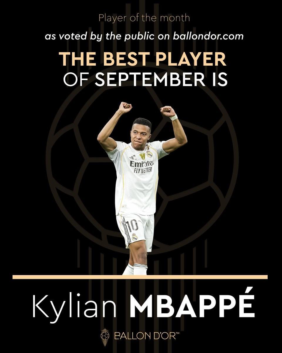 姆巴佩荣膺金球奖9月最佳球员，球迷投票揭晓结果