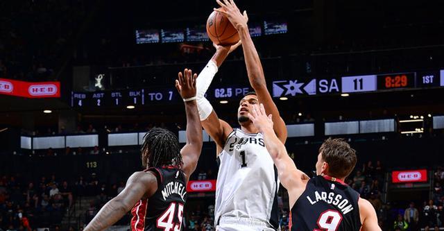 文班亚马27+18阿德巴约31+10 马刺107-101胜热火豪取5连胜