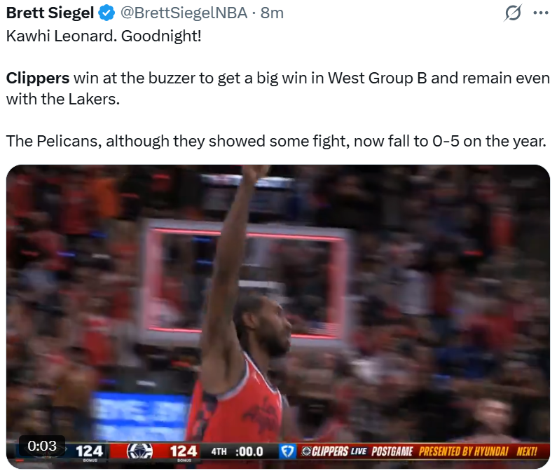 莱昂纳德惊天中投绝杀鹈鹕，美媒热议：压哨制胜球！