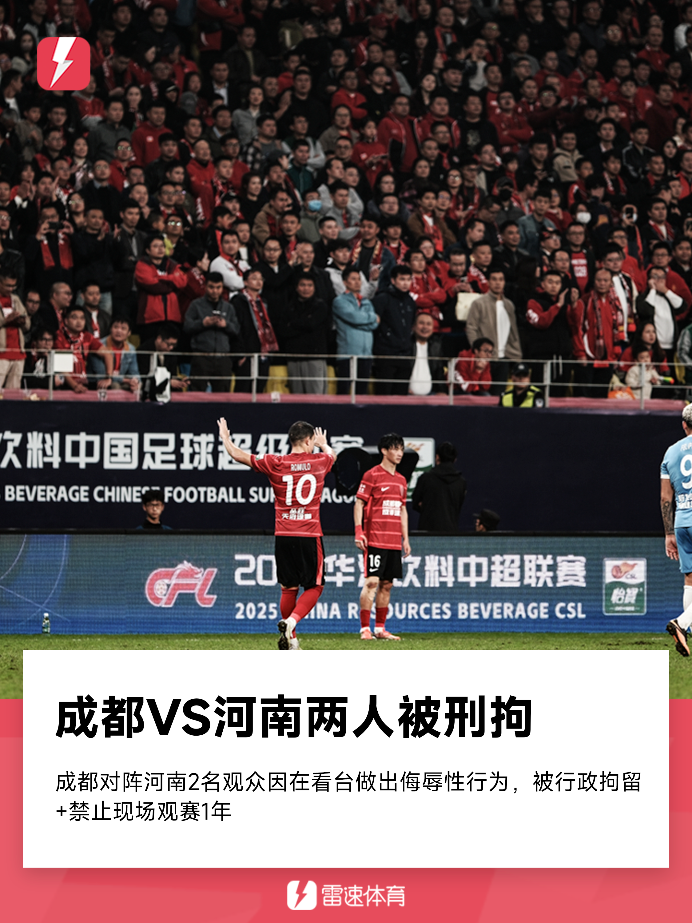 成都vs河南赛场冲突：两观众侮辱性行为被拘，禁赛一年