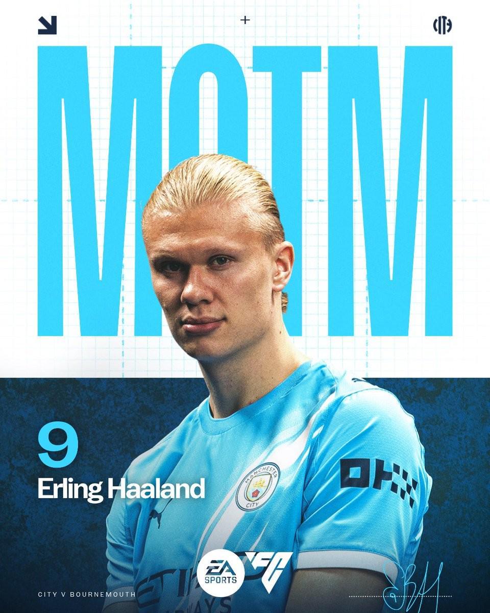 哈兰德梅开二度 荣膺曼城vs伯恩茅斯英超双料最佳