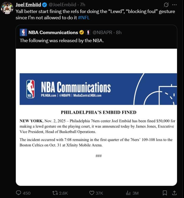 恩比德因猥亵手势遭罚款，公开喊话要求裁判同罚