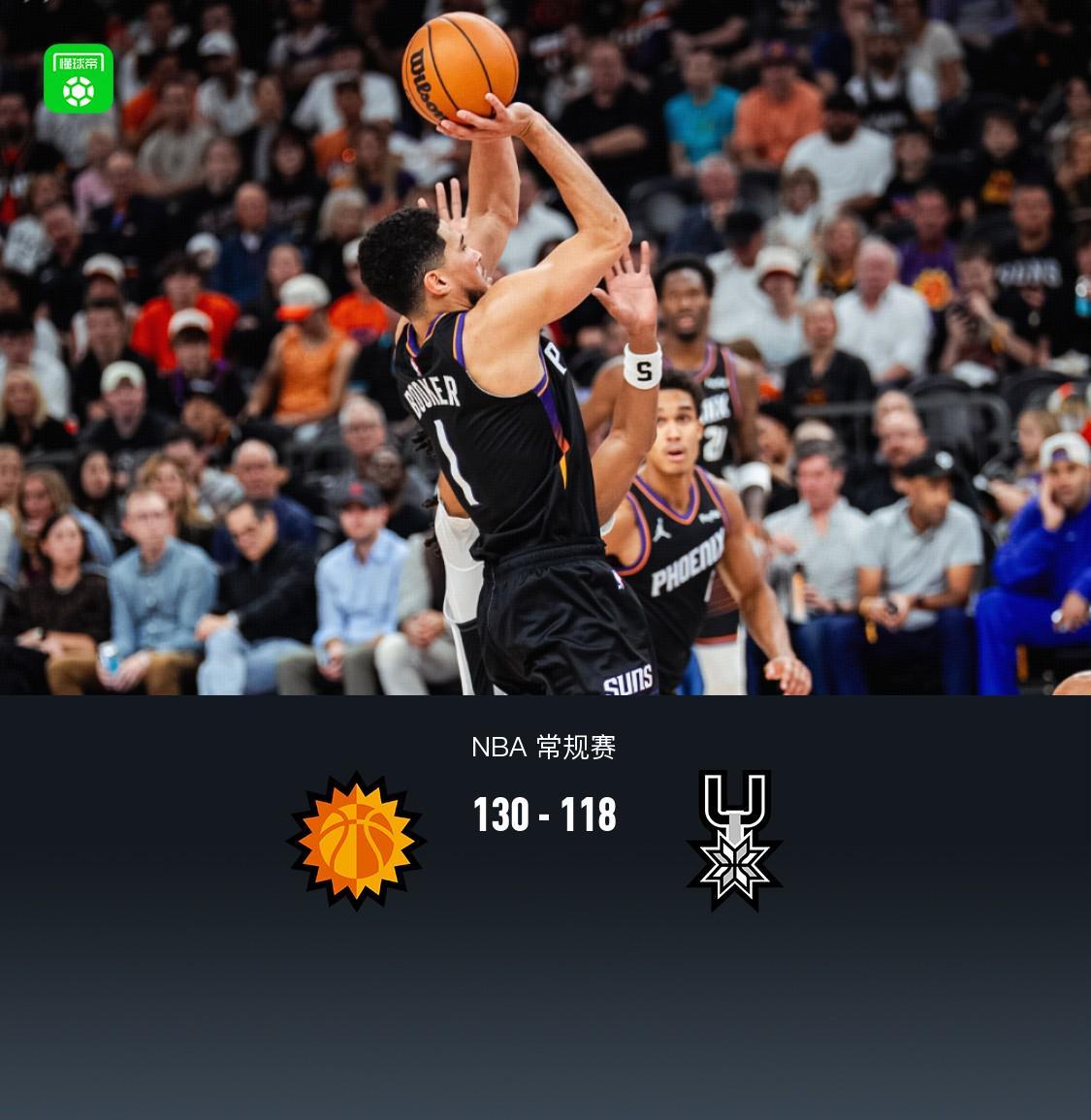 NBA常规赛：太阳130-118胜马刺，布克28+13文班亚马低迷仅9分