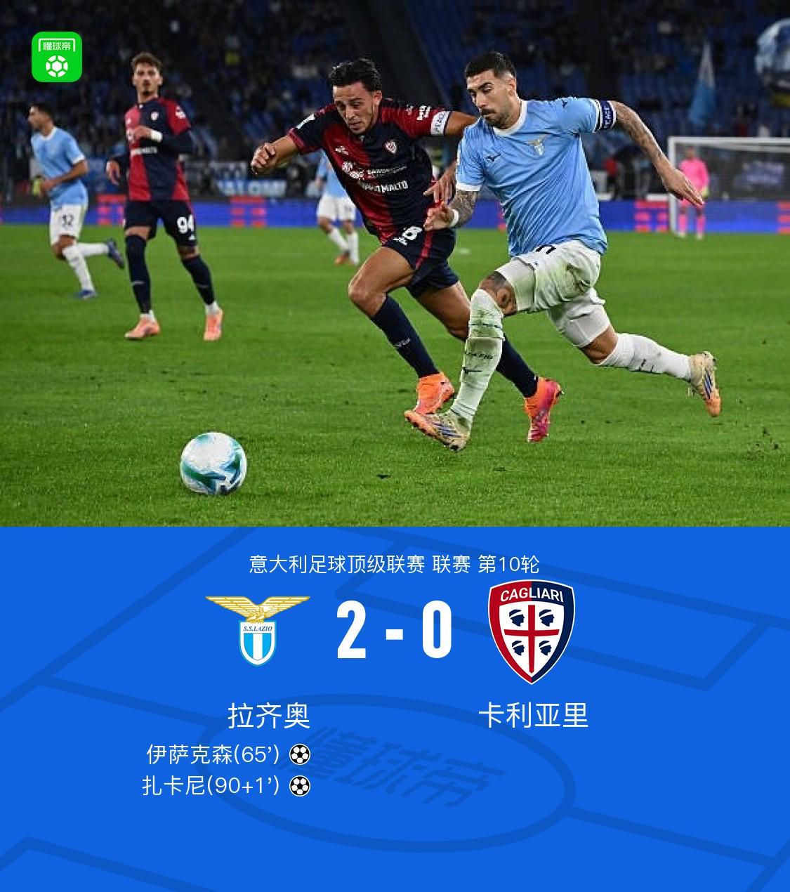 拉齐奥2-0完胜卡利亚里，伊萨克森与扎卡尼联袂建功