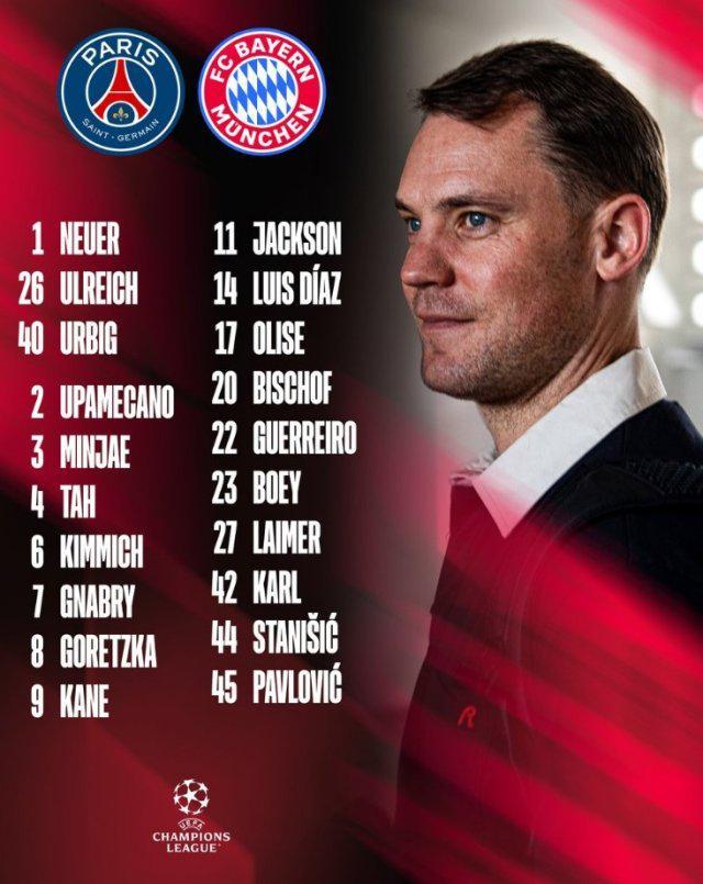 凯恩领衔拜仁锋线，欧冠客战巴黎大名单揭晓