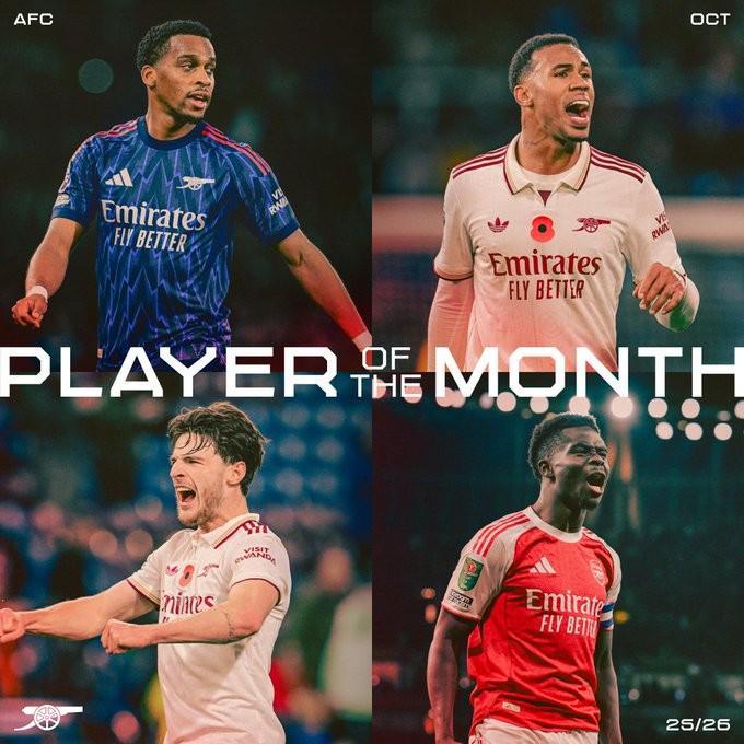 阿森纳10月最佳球员候选：加布里埃尔、赖斯、萨卡、廷贝尔谁将胜出？