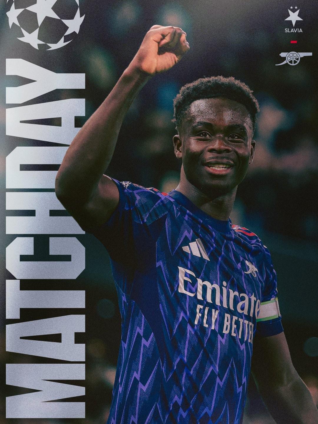 欧冠前瞻：阿森纳客战布拉格斯拉维亚，萨卡单人海报剑指三分