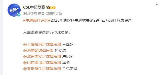 中超第29轮最佳候选揭晓：王燊超领衔入围
