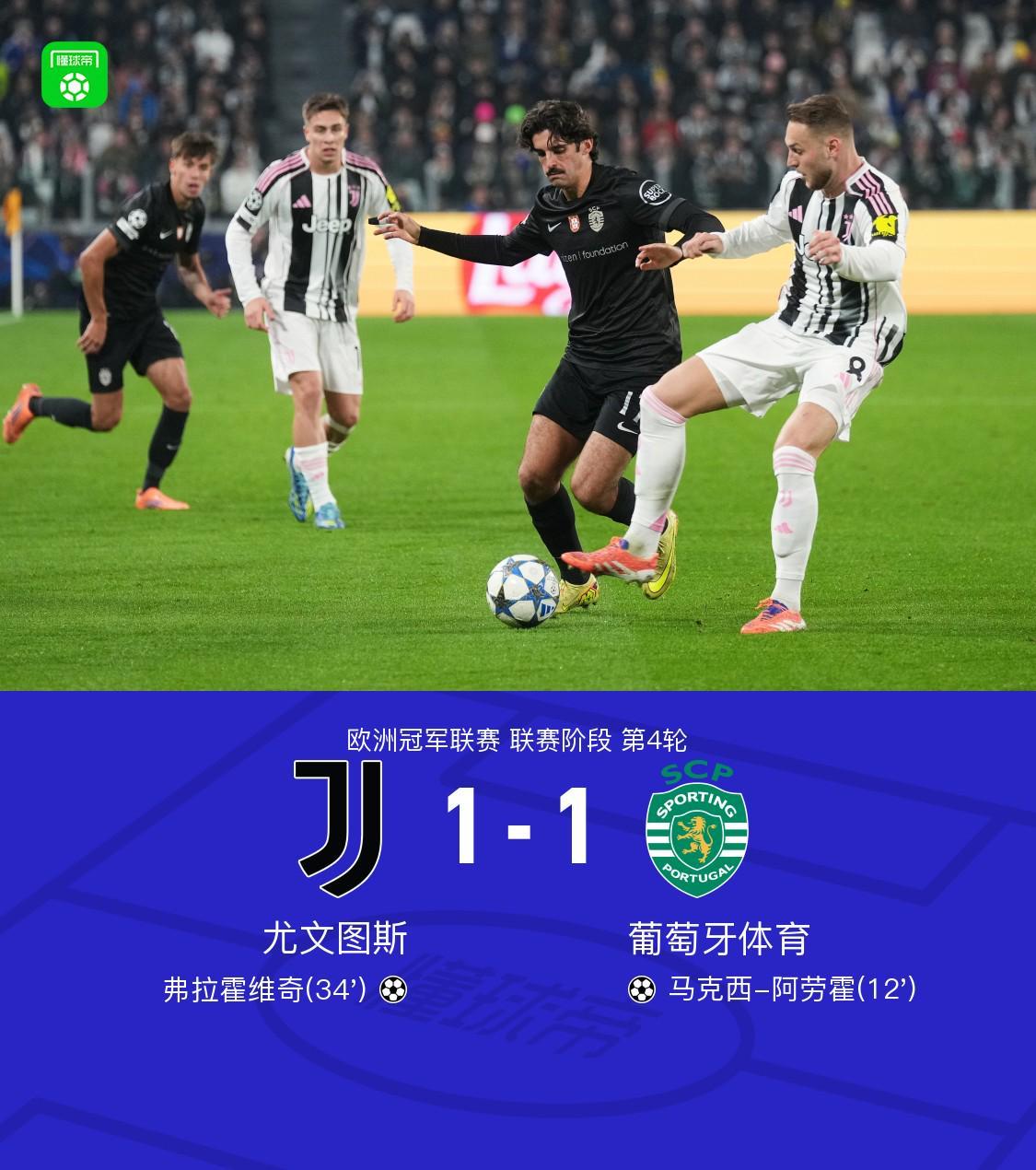 欧冠尤文1-1葡体：阿劳霍破门弗拉霍维奇救主，4场不胜引关注