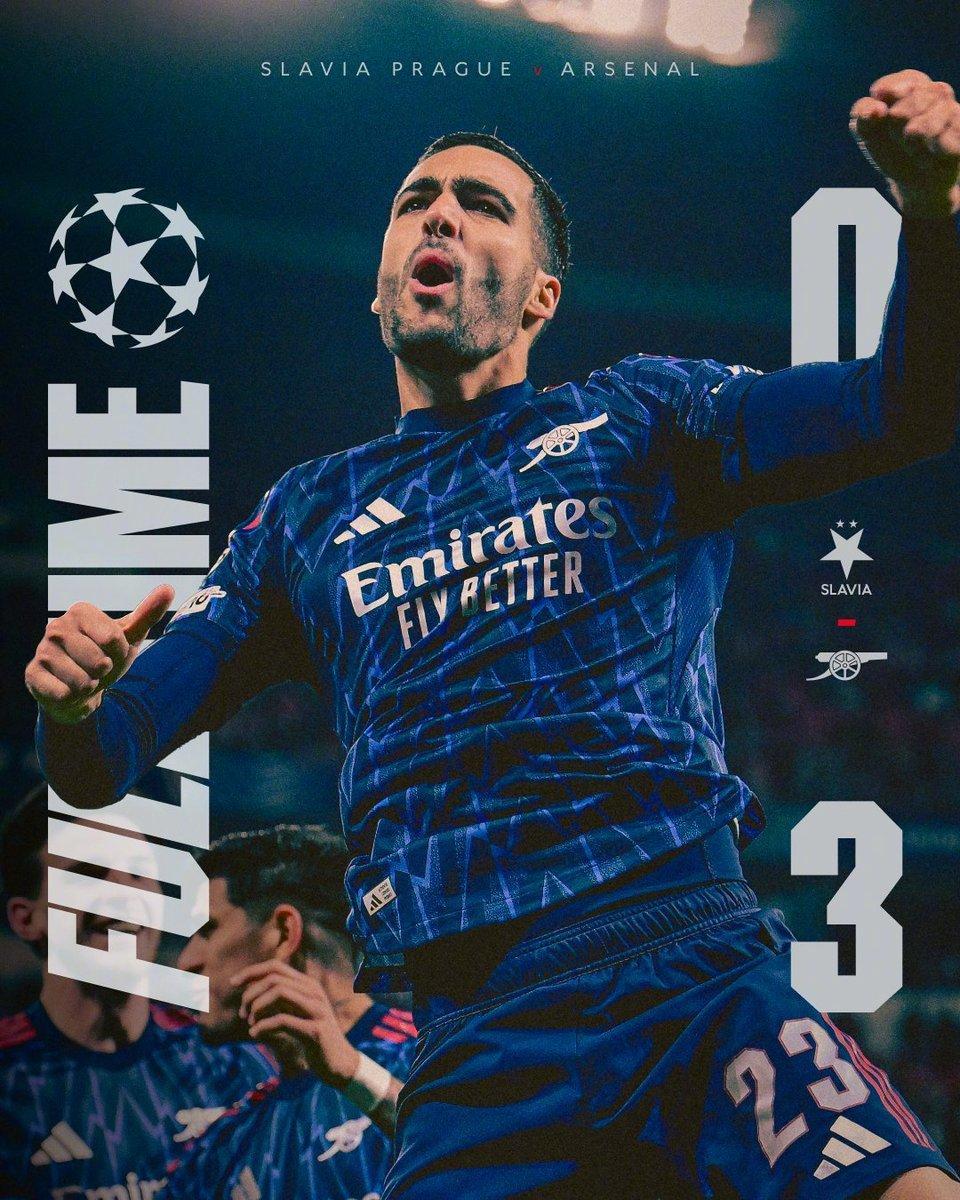 欧冠战报：阿森纳10连胜+8场零封，客场3-0完胜布拉格斯拉维亚登顶