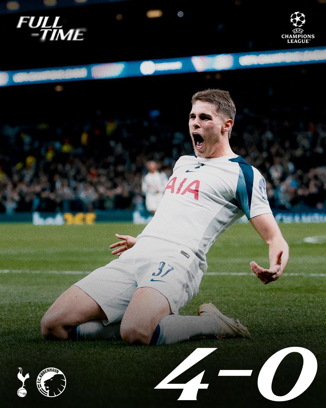 欧冠热刺4-0狂胜哥本哈根！超级后卫长途奔袭破门，制造惨案