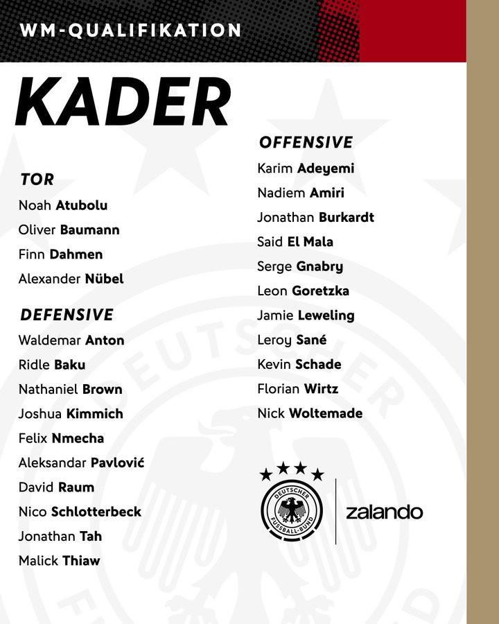 德国队新一期大名单揭晓：维尔茨领衔，萨内回归，新星赛义德-马拉首秀
