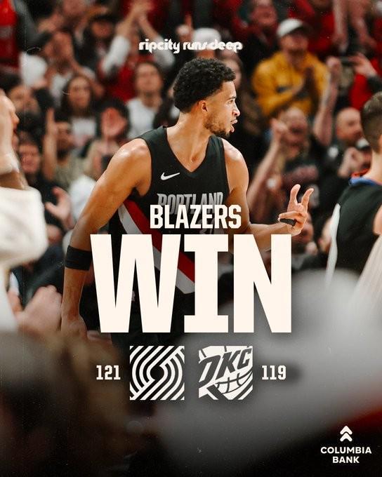 雷霆开季八连胜遭终结！开拓者逆袭送其赛季首败，上季仅排第12