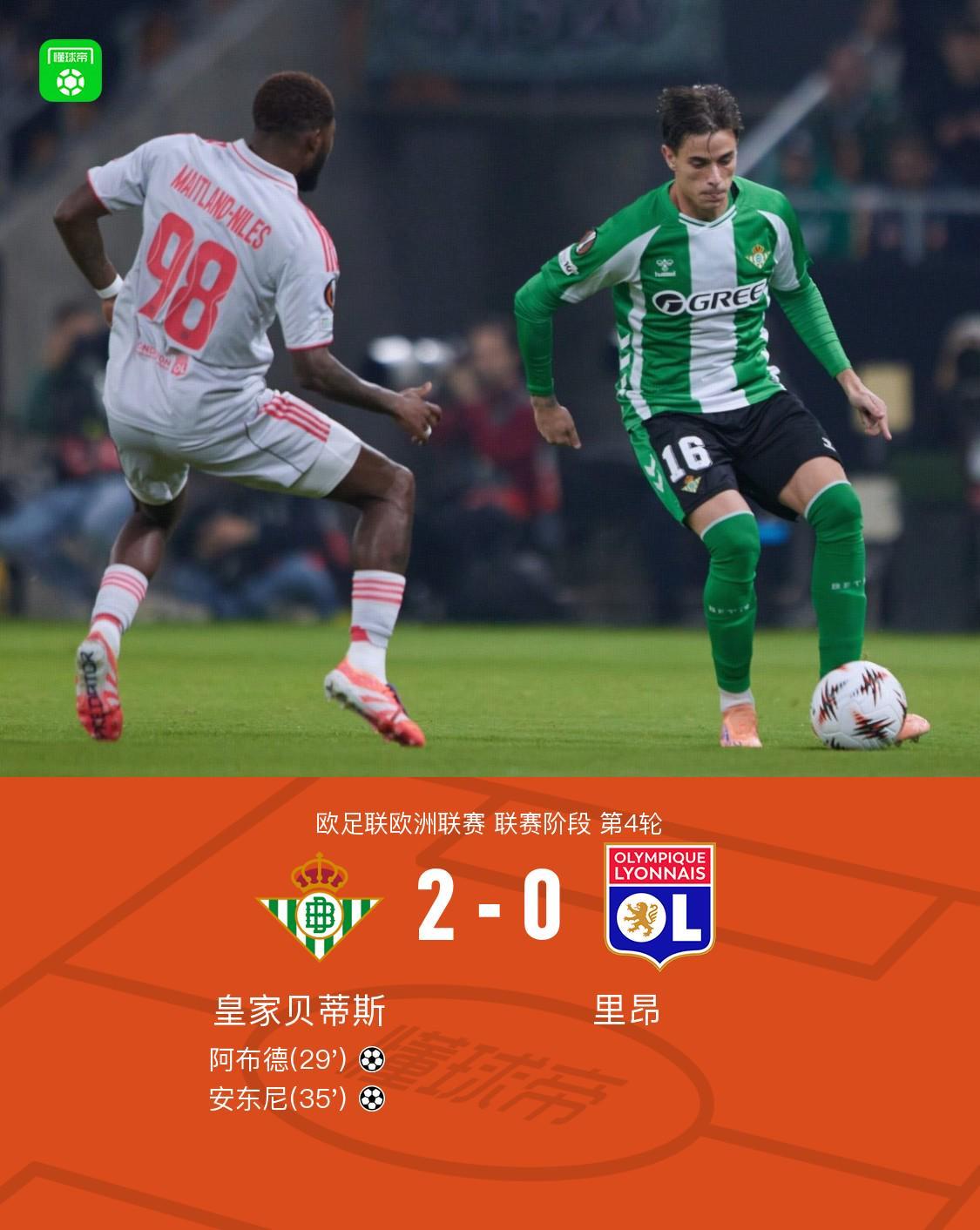 欧联杯贝蒂斯2-0力克里昂，安东尼阿布德联手建功