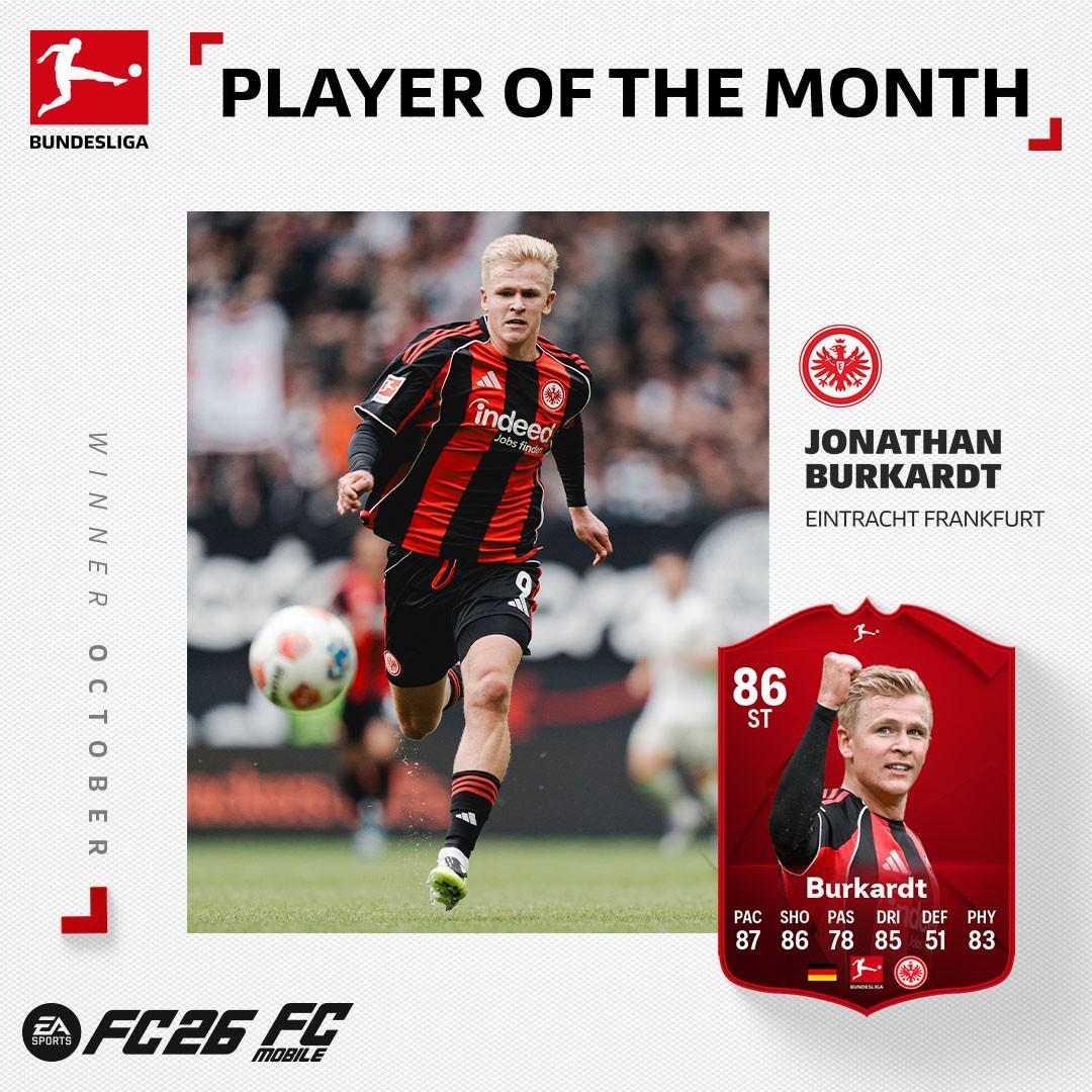 德甲10月最佳球员揭晓：法兰克福前锋伯卡特荣膺殊荣