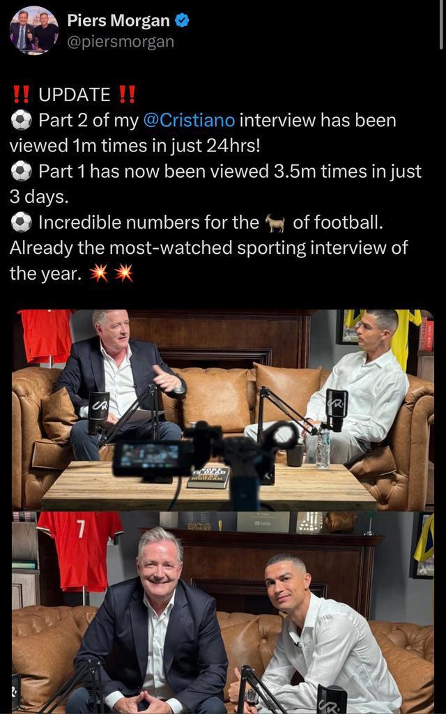 爆火！皮尔斯-摩根专访C罗创年度体育采访收视率新高