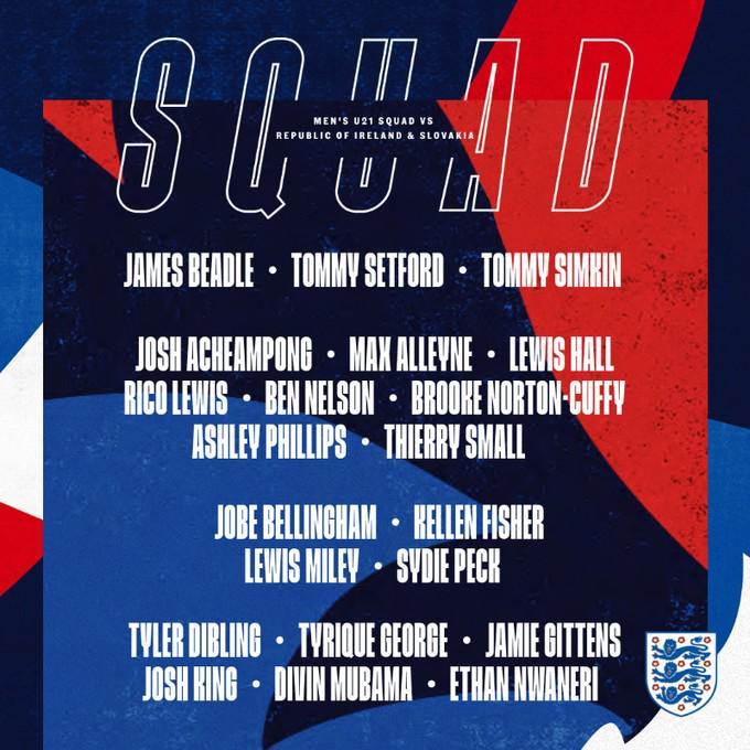 英格兰U21队11月欧青赛预选赛大名单：里科-刘易斯等新星入选